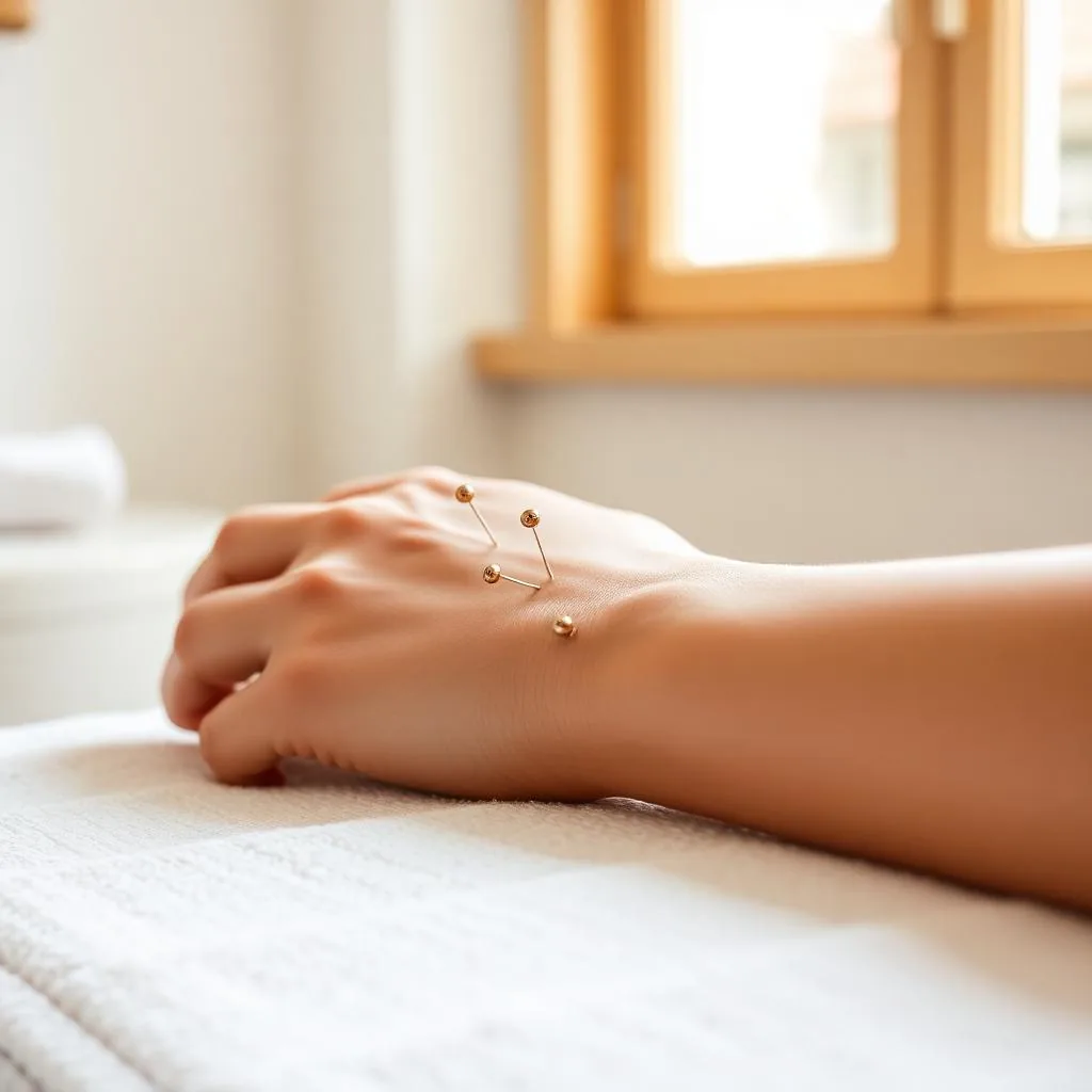 Inner forearm needling detail from a cycle-timed fertility acupuncture session